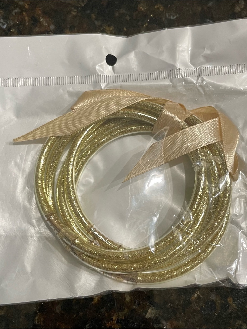 Gold Glitter Wrapped Bangle Bracelet Set with Ribbon Accent